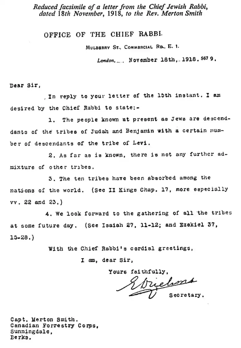 Ltr Office of Chief Rabbi re lost tribes, 18Nov1918